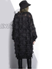 Hnewly Women Black Feather Split Big Size Dress New V-Neck Three-Quarter Sleeve Loose Fit Fashion