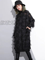 Hnewly Women Black Feather Split Big Size Dress New V-Neck Three-Quarter Sleeve Loose Fit Fashion
