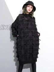 Hnewly Women Black Feather Split Big Size Dress New V-Neck Three-Quarter Sleeve Loose Fit Fashion