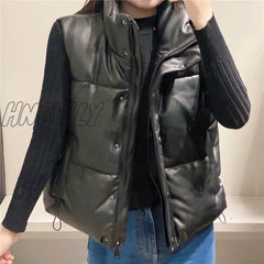 Hnewly Women Black Warm Faux Leather Vest Coat Casual Zipper Sleeveless Jacket Female Short Cotton