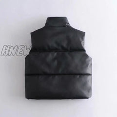 Hnewly Women Black Warm Faux Leather Vest Coat Casual Zipper Sleeveless Jacket Female Short Cotton
