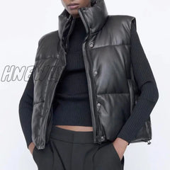 Hnewly Women Black Warm Faux Leather Vest Coat Casual Zipper Sleeveless Jacket Female Short Cotton
