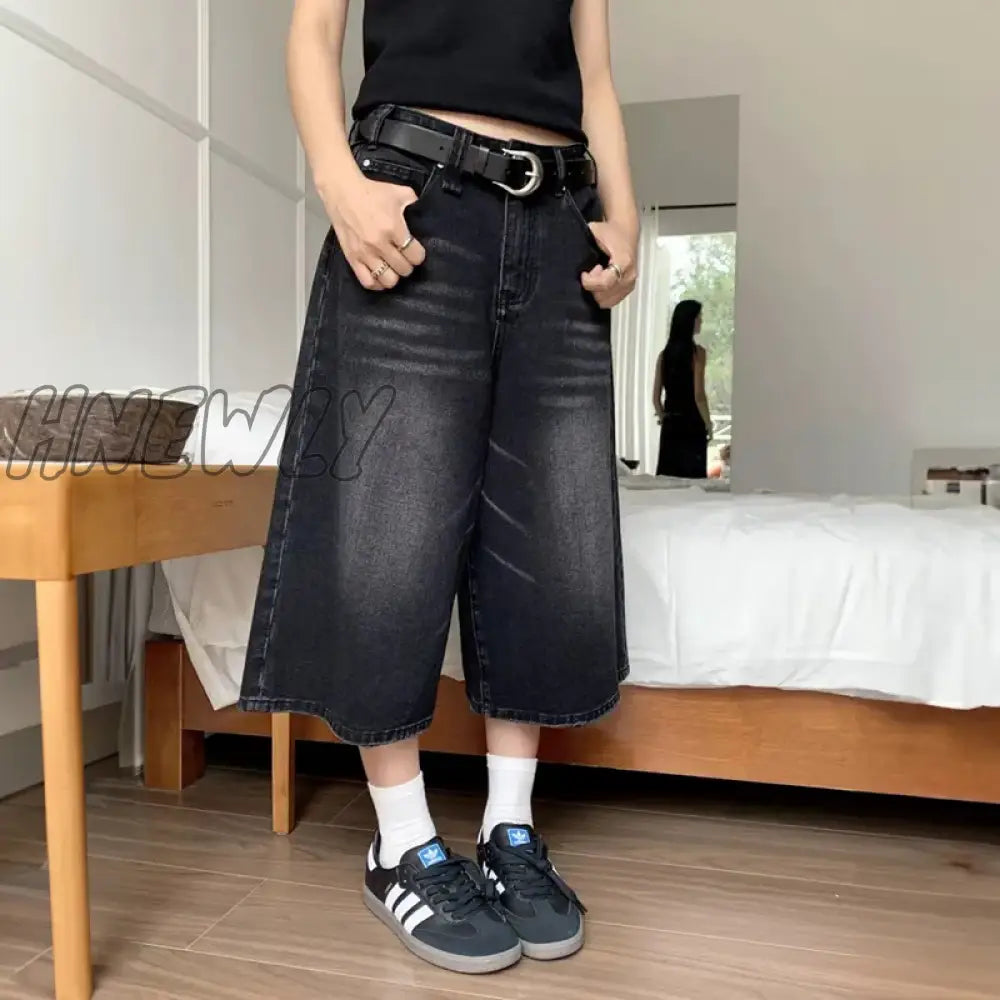 Hnewly Women Black Y2K Style Baggy Denim Shorts Wide Leg Short Pants Fashion High Waisted Dark Wash
