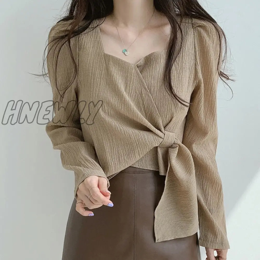 Hnewly Women Blouse Tops Summer Female Korean Square Neck Long Sleeve Bow Knot Lace Up Loose Shirts