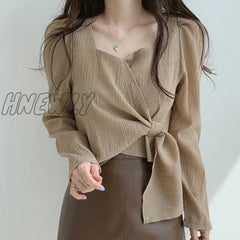 Hnewly Women Blouse Tops Summer Female Korean Square Neck Long Sleeve Bow Knot Lace Up Loose Shirts