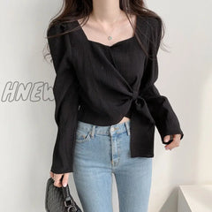 Hnewly Women Blouse Tops Summer Female Korean Square Neck Long Sleeve Bow Knot Lace Up Loose Shirts