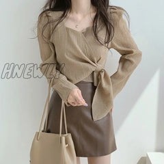 Hnewly Women Blouse Tops Summer Female Korean Square Neck Long Sleeve Bow Knot Lace Up Loose Shirts