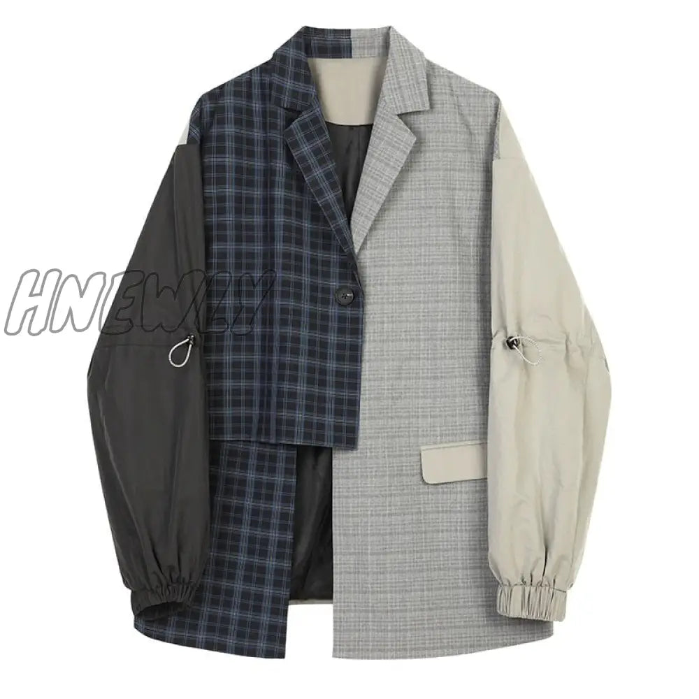 Hnewly Women Blue Plaid Asymmetrical Big Size Blazer New Lapel Long Sleeve Loose Fit Jacket Fashion