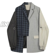 Hnewly Women Blue Plaid Asymmetrical Big Size Blazer New Lapel Long Sleeve Loose Fit Jacket Fashion