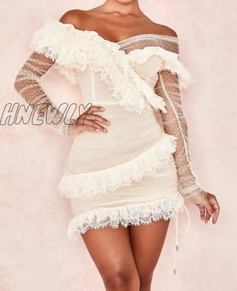 Hnewly Women Bodycon Dress Sexy Off The Shoulder Summer Formal New Lace Long Sleeve Birthday Party