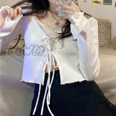 Hnewly Women Cardigans Solid Hot Slim Bandage Design Crop Tops Stylish Streetwear Teenagers