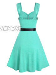 Hnewly Women Casual Dress Lace Insert Button Ruched Belted Sleeveless A-Line Sexy Party Sundress