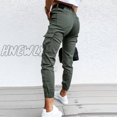 Hnewly Women Casual Solid Multi Pocket Fly Flap Cargo Ankle-Length Pants