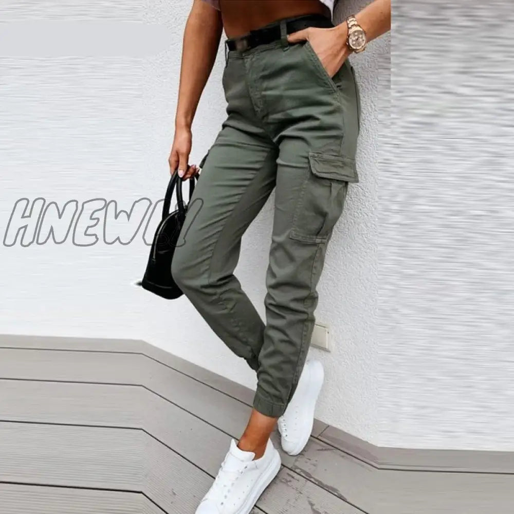 Hnewly Women Casual Solid Multi Pocket Fly Flap Pocket Cargo Ankle-length Pants