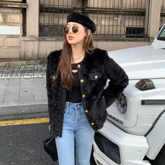 Hnewly Women Chic Lamb Wool Coat Tops Autumn Winter Thicken Warm Plush Jacket Female Korean O-Neck