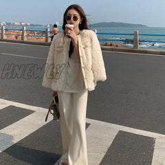 Hnewly Women Chic Lamb Wool Coat Tops Autumn Winter Thicken Warm Plush Jacket Female Korean O-Neck
