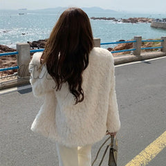 Hnewly Women Chic Lamb Wool Coat Tops Autumn Winter Thicken Warm Plush Jacket Female Korean O-Neck