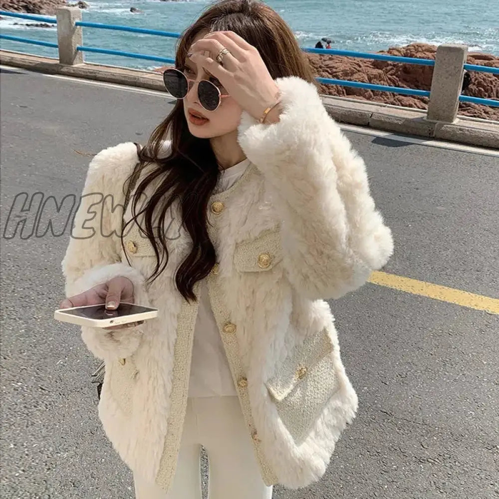 Hnewly Women Chic Lamb Wool Coat Tops Autumn Winter Thicken Warm Plush Jacket Female Korean O-Neck