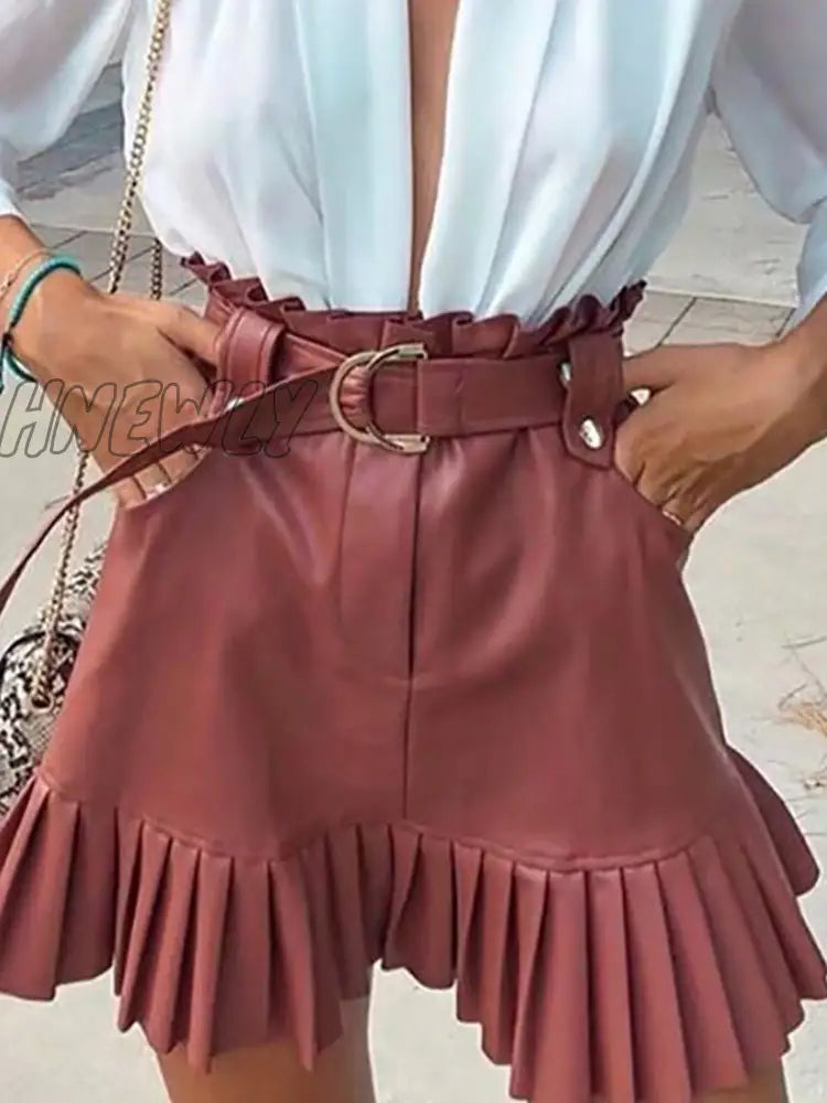 Hnewly Women Chic Pu Leather Pleated Skirt Ruffles Tie Belt Waist Pocket Zipper Ladies Elegnt Mini