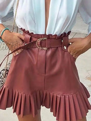 Hnewly Women Chic Pu Leather Pleated Skirt Ruffles Tie Belt Waist Pocket Zipper Ladies Elegnt Mini