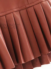 Hnewly Women Chic Pu Leather Pleated Skirt Ruffles Tie Belt Waist Pocket Zipper Ladies Elegnt Mini