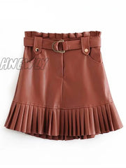Hnewly Women Chic Pu Leather Pleated Skirt Ruffles Tie Belt Waist Pocket Zipper Ladies Elegnt Mini