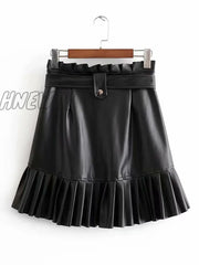 Hnewly Women Chic Pu Leather Pleated Skirt Ruffles Tie Belt Waist Pocket Zipper Ladies Elegnt Mini