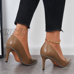 Hnewly Women Closed Pointed Toe Pumps Stiletto High Heel Dress Shoes Brown / 5 Heels