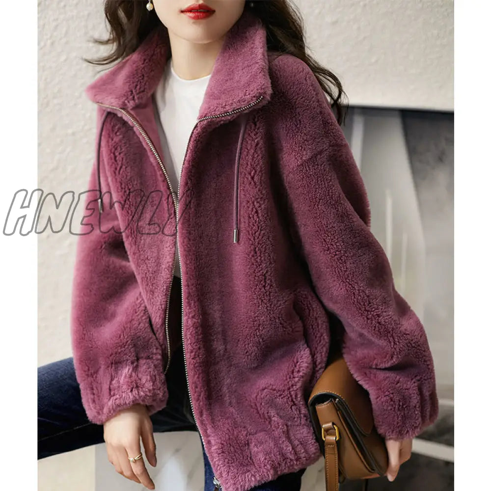 Hnewly Women Coat Fleece Warm Stand Collar Long Sleeve Jacket Autumn Korean Fashion Brown 4Xl
