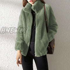 Hnewly Women Coat Fleece Warm Stand Collar Long Sleeve Jacket Autumn Korean Fashion Brown 4Xl