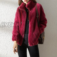 Hnewly Women Coat Fleece Warm Stand Collar Long Sleeve Jacket Autumn Korean Fashion Brown 4Xl