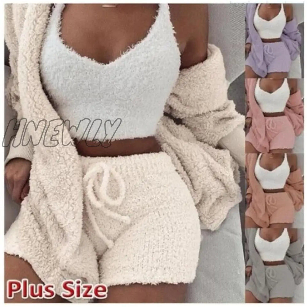 Hnewly Women Coral Velvet Pajamas Set Spring Autumn Winter 3 Three Piece Sleepwear Tops Shorts Coat