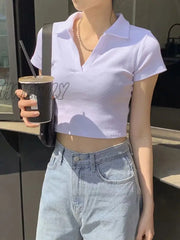 Hnewly Women Crop Top Spread Collar V-Neck T-Shirt