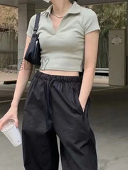 Hnewly Women Crop Top Spread Collar V-Neck T-Shirt Green / S