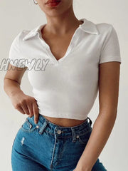 Hnewly Women Crop Top Spread Collar V-Neck T-Shirt White / S