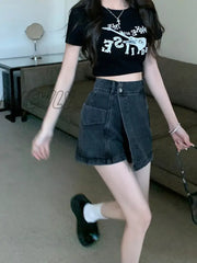 Hnewly Women Denim Skirt Pants 2024 New Summer Jeans Shorts Casual High Waist Button Loose Blue Y2K