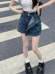 Hnewly Women Denim Skirt Pants 2024 New Summer Jeans Shorts Casual High Waist Button Loose Blue Y2K