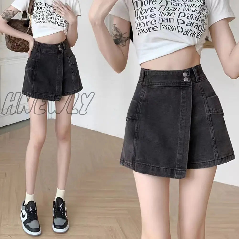 Hnewly Women Denim Skirt Pants 2024 New Summer Jeans Shorts Casual High Waist Button Loose Blue Y2K