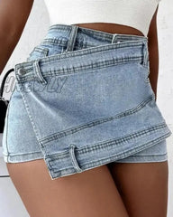 Hnewly Women Denim Skirt Summer Fashion Irregular Blue High Waist Mini Jeans Skirts Ladies Casual