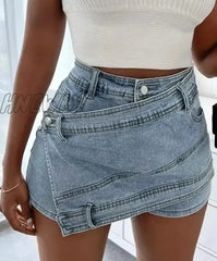 Hnewly Women Denim Skirt Summer Fashion Irregular Blue High Waist Mini Jeans Skirts Ladies Casual