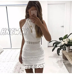 Hnewly Women Dress Sexy White Lace Stitching Hollow Out Party Dresses Elegant Short Mini Summer