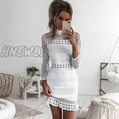 Hnewly Women Dress Sexy White Lace Stitching Hollow Out Party Dresses Elegant Short Mini Summer
