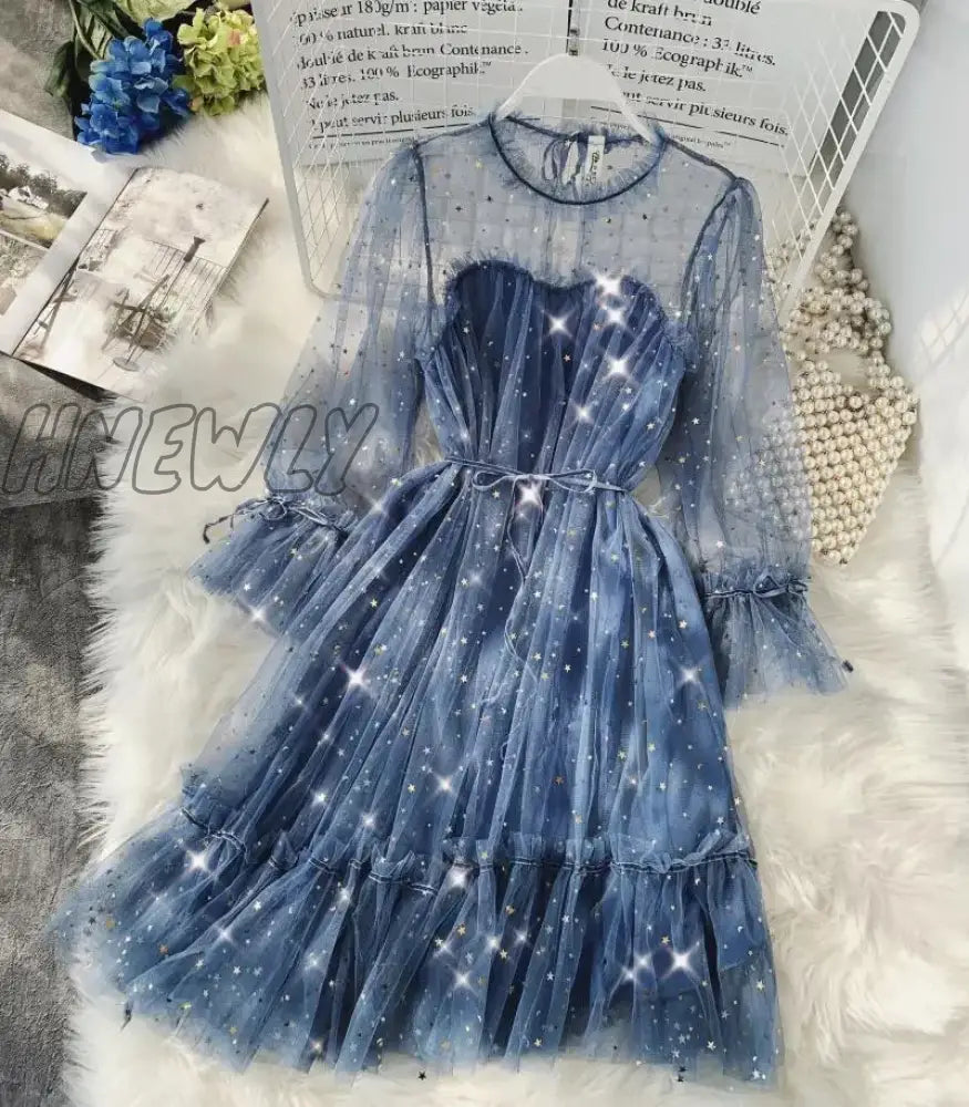 Hnewly Women Dress Stars Sequined Mesh Shiny Fairy Dress Elegant Bling Gauze Princess Puff Dresses
