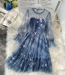 Hnewly Women Dress Stars Sequined Mesh Shiny Fairy Dress Elegant Bling Gauze Princess Puff Dresses