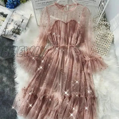 Hnewly Women Dress Stars Sequined Mesh Shiny Fairy Dress Elegant Bling Gauze Princess Puff Dresses