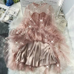 Hnewly Women Dress Stars Sequined Mesh Shiny Fairy Dress Elegant Bling Gauze Princess Puff Dresses