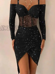 Hnewly Women Dress Tight Sexy Hip One Shoulder Suspenders Irregular Shiny Female