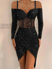 Hnewly Women Dress Tight Sexy Hip One Shoulder Suspenders Irregular Shiny Female