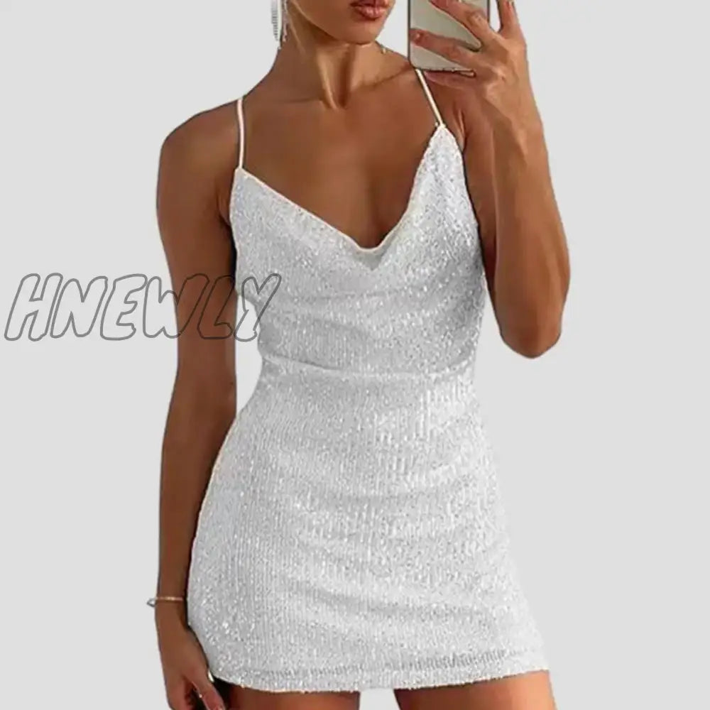 Hnewly Women Dress V Neck Spaghetti Strap Shiny Sequin Backless Soft Sleeveless Slim Fit Above Knee