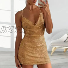 Hnewly Women Dress V Neck Spaghetti Strap Shiny Sequin Backless Soft Sleeveless Slim Fit Above Knee